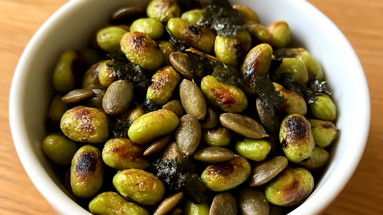 Edamame tostati con semi di zucca e alga nori"