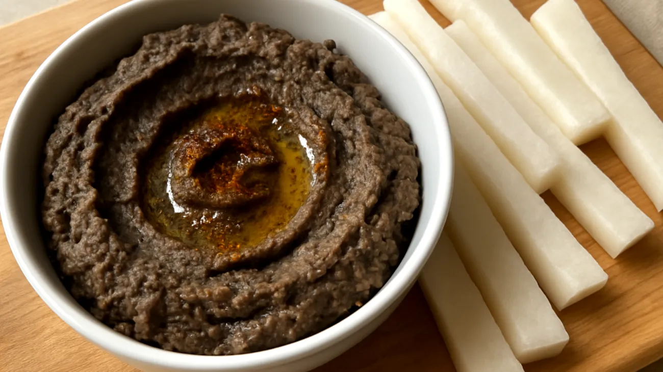 Hummus di ceci neri con bastoncini di jicama"