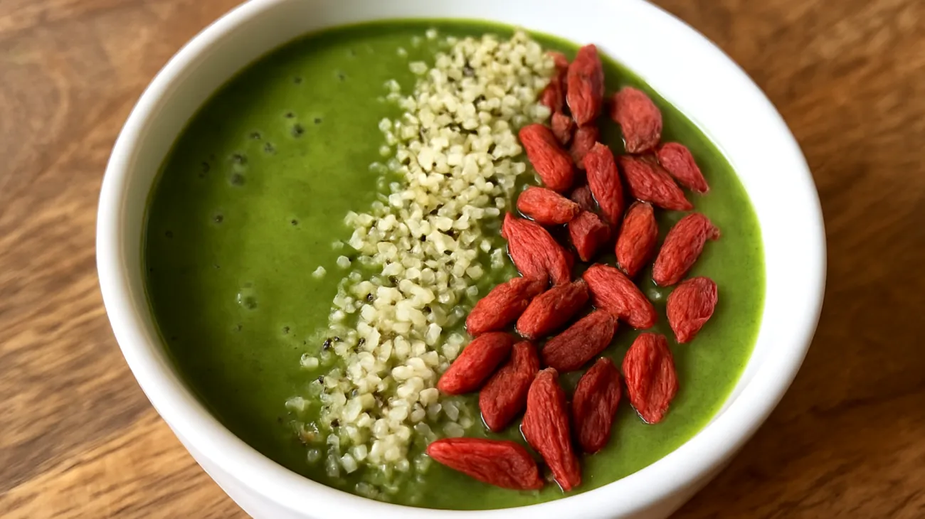 Smoothie bowl con spirulina, semi di canapa e bacche di goji"