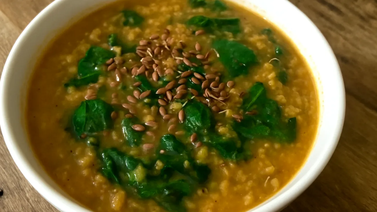 Zuppa di lenticchie rosse con semi di lino e verdure a foglia verde"