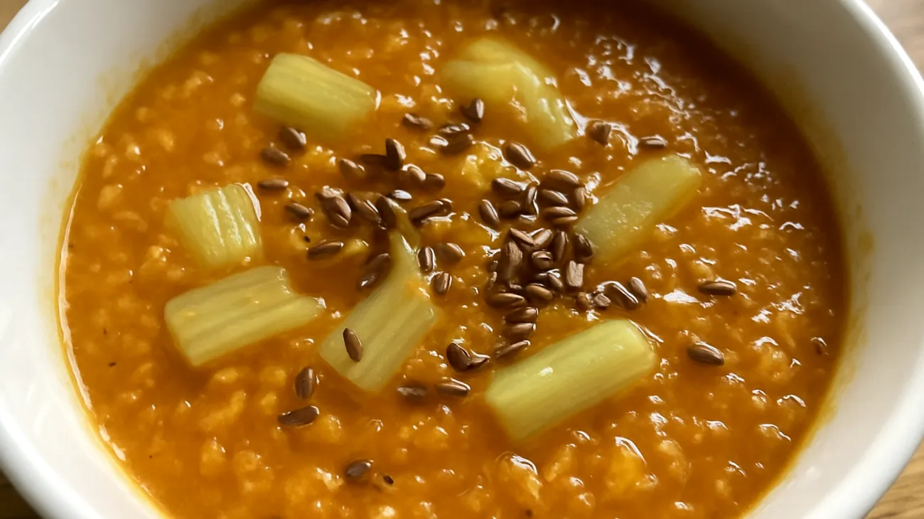 Zuppa di lenticchie rosse decorticate con finocchio e semi di lino"
